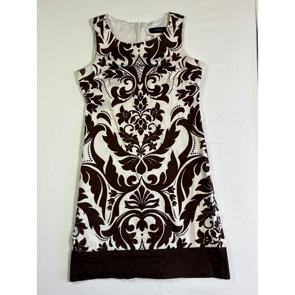 B. Smart Womens Brown White Damask Scroll Shift Dress Sleeveless Size 4 JM78D339